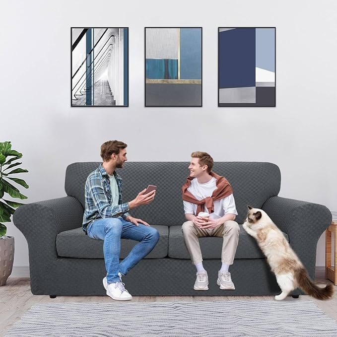 MAXIJIN 3 Piece Stretch Couch Covers for 2 Cushion Couch Sofa Slipcovers with 2 Extra Large Seat Cushion Couch Jacquard Loveseat Sofa Couch Cover for Dogs (2 Cushion Sofa, Dark Gray)