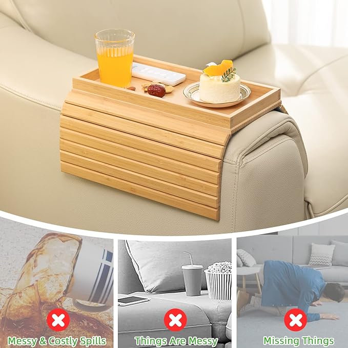 GEHE Bamboo Sofa Arm Tray, Foldable Couch Arm Tray Side Table, Anti-Falling Armrest Tables Cup Holder for Snacks, Drinks, Beers, Phone, Control, Flexible and Portable, Anti-Slip