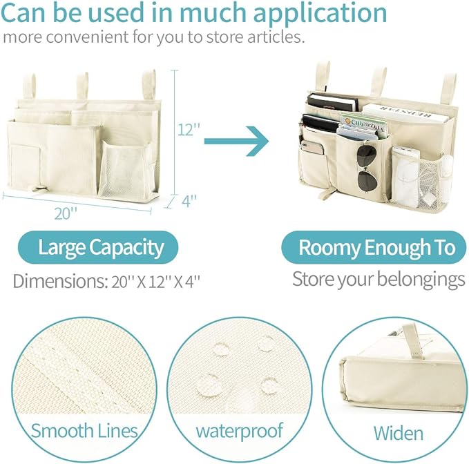 Bseash Bunk Bed Organizer, Bedside Caddy Hanging Bed Organizer Storage Bag 8 Pockets, for College Dorm Rooms Bed, Hospital Bed, Baby Bed Rails, 600D Oxford Cloth (Beige)