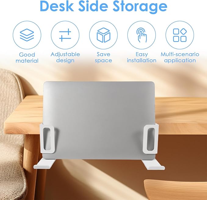 Desk Side Laptop Stand, Vertical Desk Side Laptop Holder with Headphone Stand, Adjustable Length Mount Storage Rack, No Drill Clamp Organizer for Laptops, Tablets, Keyboards (White)