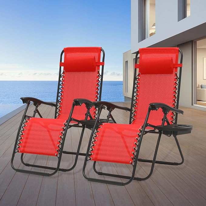 Athena Collection Zero Gravity Outdoor Lounge Chairs Set of 2, 25" Width Pool Lounge Lawn Chairs Reclining with Cup Holder, Outdoor Chaise for Beach Patio Backyard Outside, Red