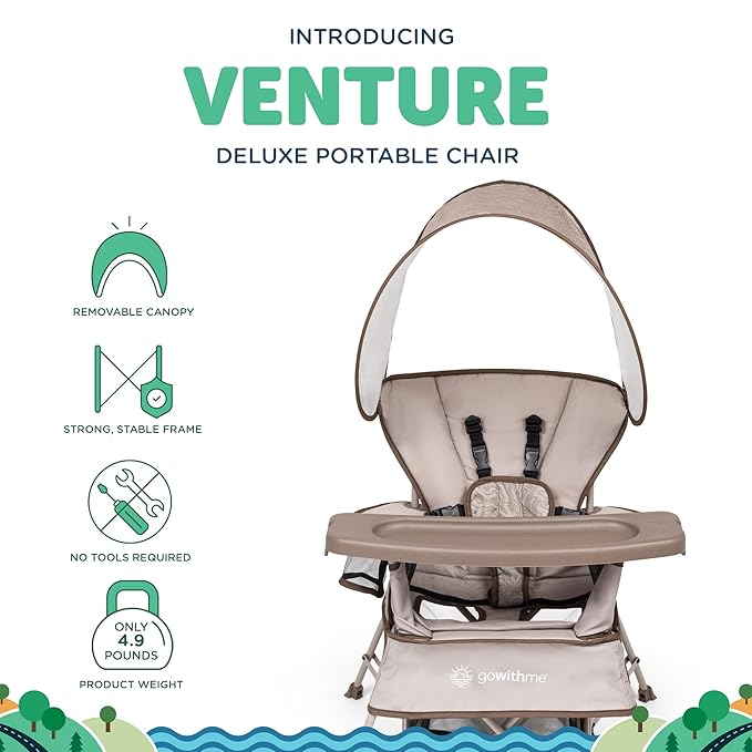 Baby Delight Go with Me Venture Portable Chair | Indoor and Outdoor | Sun Canopy | 3 Child Growth Stages | Sandstone