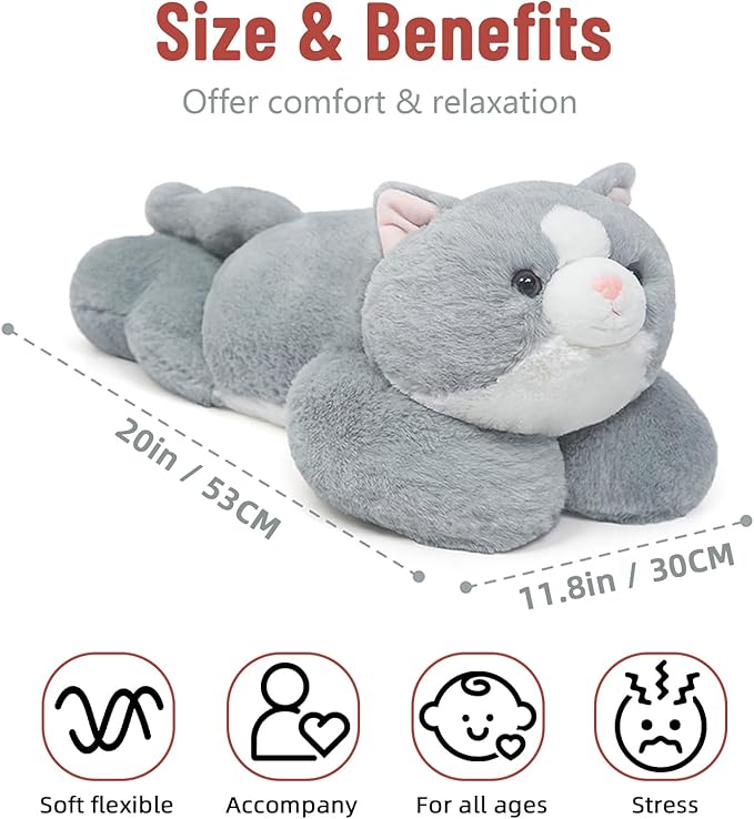 Niuniu Daddy 20" | 3.3 Pound Weighted Cat Stuffed Animals for Kids, Weighted Cat Plush Toy for Toddler Teens Adults, Large Grey Kitty Plushies Pillow with Soft Fur for Present Christmas Birthday