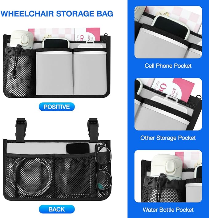 Wheelchair Bag, Walker Bag, Armrest Organizer Pouch with Cup Holder Attachment and Reflective Strip, Accessories for Most Wheelchairs, Walkers, Rollators (Grey)