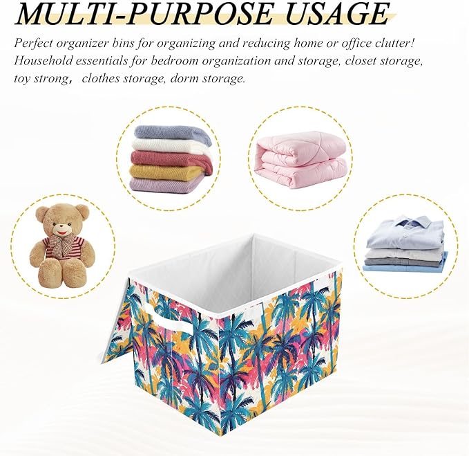 senya Large Storage Bins with Linen Collapsible Foldable Storage Cubes Fabric Closet Organizer Containers box with Flip-Top Lid for Home Bedroom Office 16.7 x 12.6 x 11.8in (Dinosaur Palm Trees)