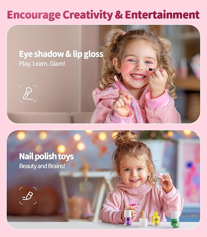 Geyiie Nail Polish Toys Makeup Set with Jewelry Making Kits, DIY Bead Bracelet Making Kit, Girls’ Vanity Set in Carousel, Nail Art Kits Gifts for Girls Teens Age 5-12