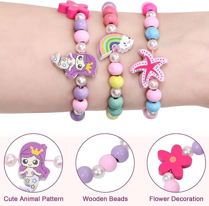 G.C 24 Pcs Girls Bracelets Jewelry for Kids Cute Unicorn Mermaid Animal Pendant Colorful Wooden Beaded Bracelets Princess Pretend Play Gifts for Toddlers