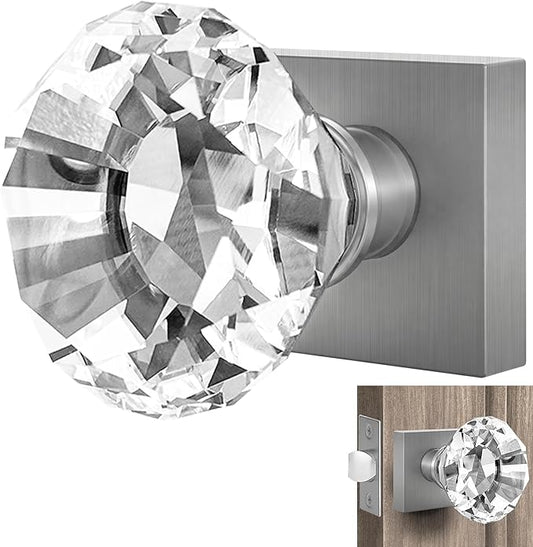 Silver Crystal Door Knob, Square Base, Glass Door Knobs Interior Non-Locking Set, Antique Decorative Vintage Style for Hallway, Closet, Passage Doors, 1 Pack