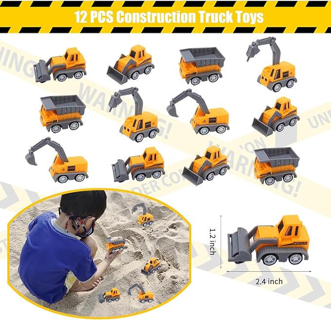 122 PCS Construction Party Favors Construction Theme Party Supplies Mini Construction Vehicles Rubber Bracelet Keychains Truck Button Pin Bags for Kids Birthday Party Favors Goodie Bag Fillers