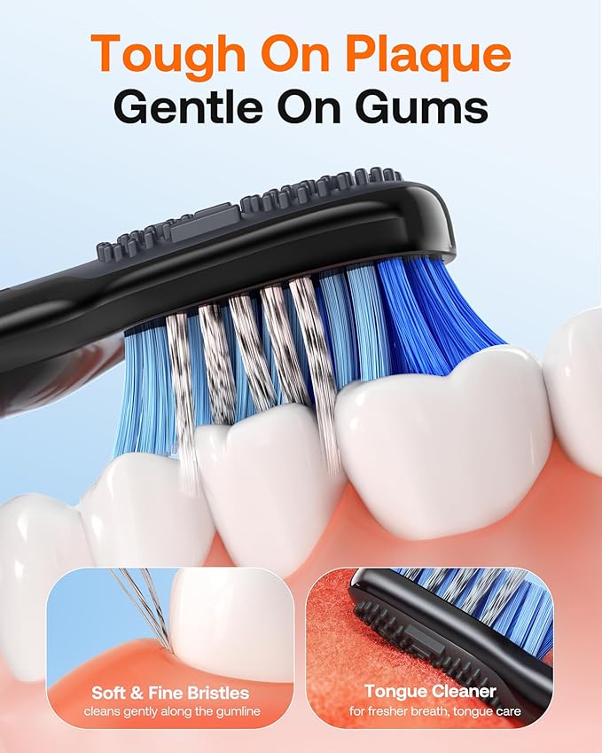 Bitvae Ultrasonic Electric Toothbrush for Adults and Kids, ADA Accepted Travel Electric Toothbrush with Rechargeable 60-Day Battery Life, 8 Toothbrush Heads, 5 Modes, Toothbrush Holder, Black