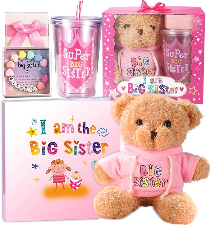 Big Sister Gifts for Girls, New Big Sister Gift Set for Little Girls Promoted to Big Sister, Includes Teddy Bear Plush Doll, Big Sister Book, Bracelet and Cup for New Sibling Arrival
