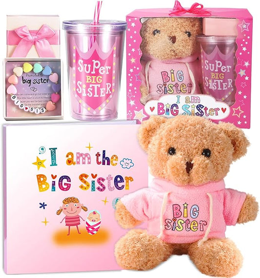 Big Sister Gifts for Girls, New Big Sister Gift Set for Little Girls Promoted to Big Sister, Includes Teddy Bear Plush Doll, Big Sister Book, Bracelet and Cup for New Sibling Arrival