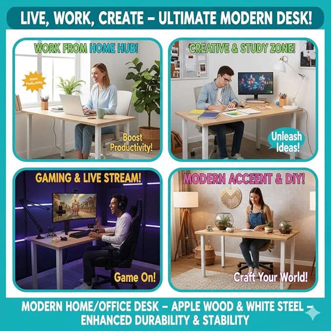 47 inch Large Computer Desk Wood, Modern Simple Style Desk for Home Office, Bedroom, Study Student Writing Desk, Small Spaces, White Metal Frame, Apple Wood Grain Top