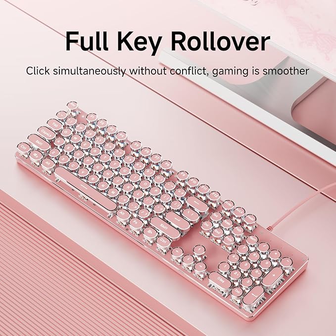 EWEADN TK100 Typewriter Keyboard Wired Mechanical Keyboard, 104 Keys Aesthetic Typewriter Keyboards with White Backlit, Anti-Ghosting, Blue Switch Wired Cute Keyboards-Pink
