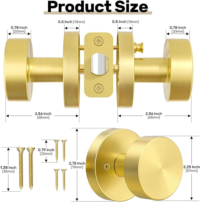 Gold Door Knob Privacy Door Knobs Interior Satin Brass Door Knobs Modern Round Door Handles for Bedroom and Bathroom Brushed Gold Door Knob