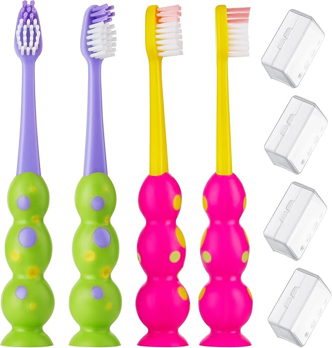 Kids Toothbrush 4 Pack - Soft Contoured Bristles - Child Sized Brush Heads (3-10 Year Old) - Suction Cup for Fun & Easy Storage - Girl & Boy Set (Green & Pink)