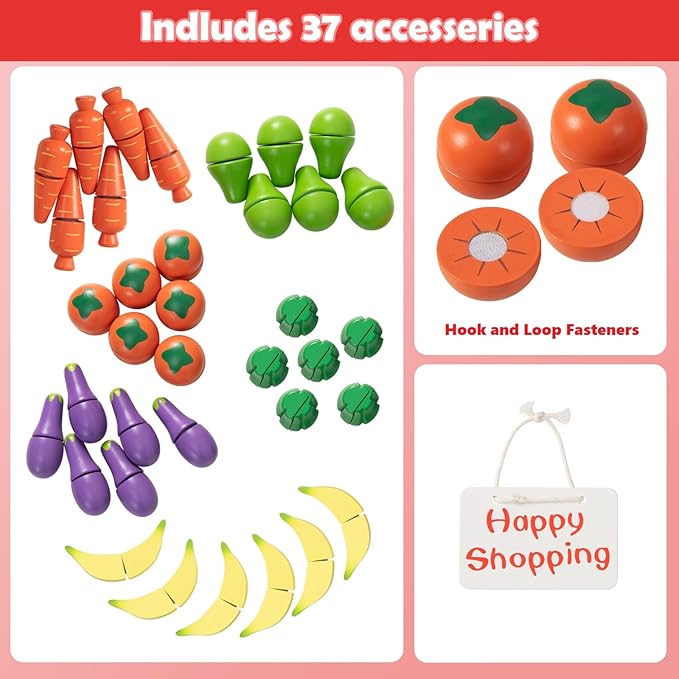 INFANS Grocery Store Marketplace Toy for Kids, Wooden Market Stand Pretend Play Set with 36 Cutting Vegetables Fruits Pieces, Role Food Shop Playset Gift for Boys Girls Ages 3+