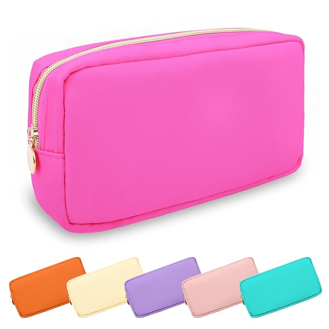 UIXIZQ Small Makeup Pouch for Purse, Nylon Travel Toiletry Storage Pouch Cute Preppy Cosmetic Bag for Women Girls, Waterproof Makeup Organizer Skincare Bag Purse with Zipper (Small-Bubblegum)