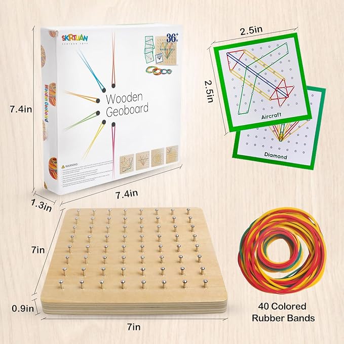 Wooden Geoboard with Rubber Bands Graphical Math Pattern Blocks Geo Board - Montessori Educational Toy for Kids with Pattern Cards and Rubber Bands Create Figures Shape STEM Puzzle Matrix Brain Teaser