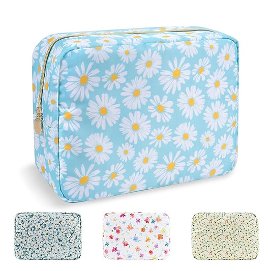 UIXIZQ Waterproof Large Floral Makeup Pouch,Nylon Travel Toiletry Storage Purse Preppy Cosmetic Bag for Women Girl,Large Capacity Makeup Organizer Zipper Pouch for Work(L Blue-Daisy)