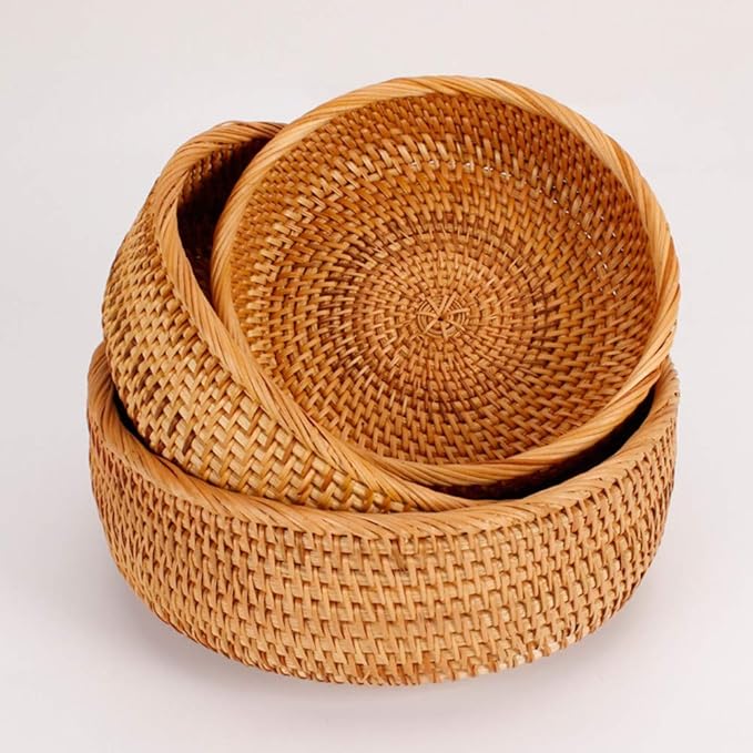 amololo 3 Pack Hadewoven Round Rattan Fruit Basket Wicker Food Tray Weaving Storage Holder Dinning Room Bowl, 10 Inch Small Wicker Basket Serving Tray Woven Basket for Bread,Snack,Brown(3-Size Kit)