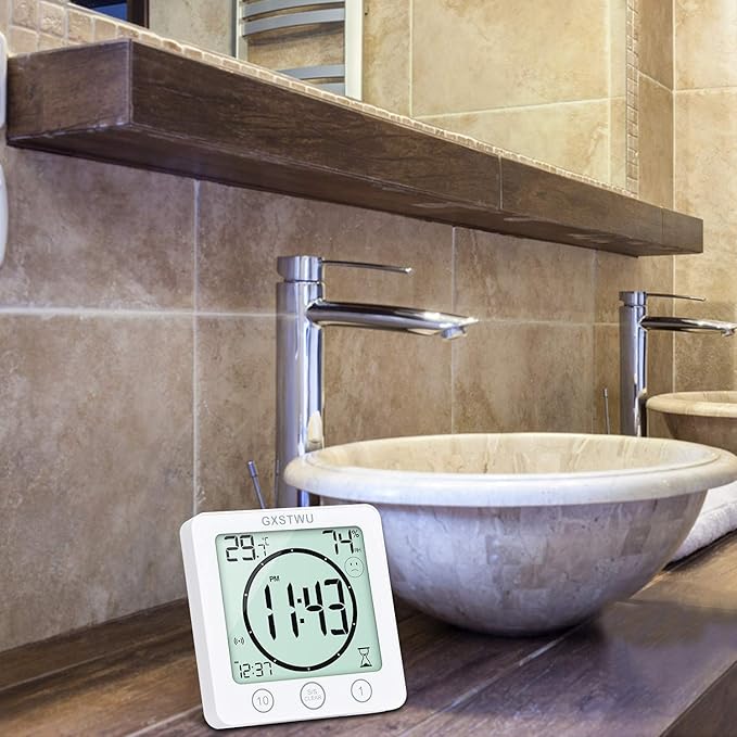 2Pcs Digital Shower Clock, Bathroom Timer Clock, Waterproof for Water Spray, Count Up Count Down Alarm, Touch Screen Timer, Temperature Humidity, Wall Clock Magnet, Suction Cup, Stand (2packs)