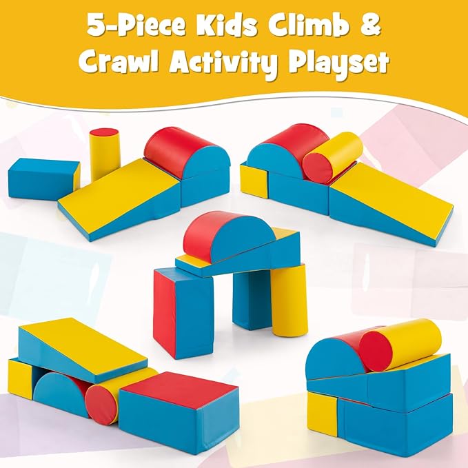 HONEY JOY 5-Piece Climb and Crawl Playset, Soft Climbing Foam Block Activity Play Structure Gym Equipment for Infant Baby, Color Coordination, Waterproof Indoor Climbing Toys for Toddlers (Red)