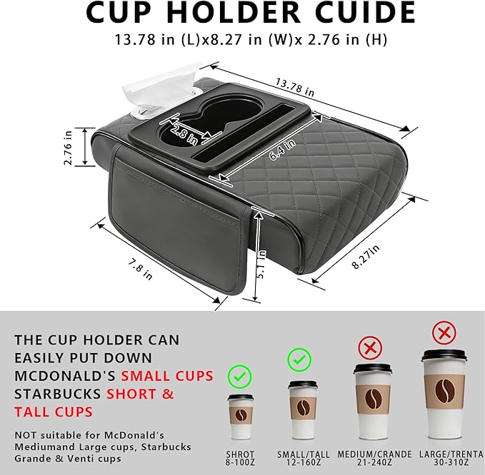 Car Armrest Cushion, Car Center Console Cover, Leather Armrest Cover for Car, Universal Middle Console Cushion with Storage Box, Cup Holder, Phone Slot, Waterproof Interior Accessories (Light gray)