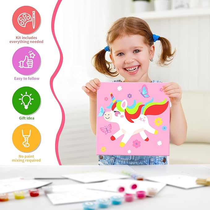 Kids Paint by Number Kits Including 6 Pre-Drawn Canvas for Painting, 6 Brushes 17 Paints and 2 Easels, Perfect Art Painting Kit for Kids, Arts and Crafts Painting for Kids Ages 8-12