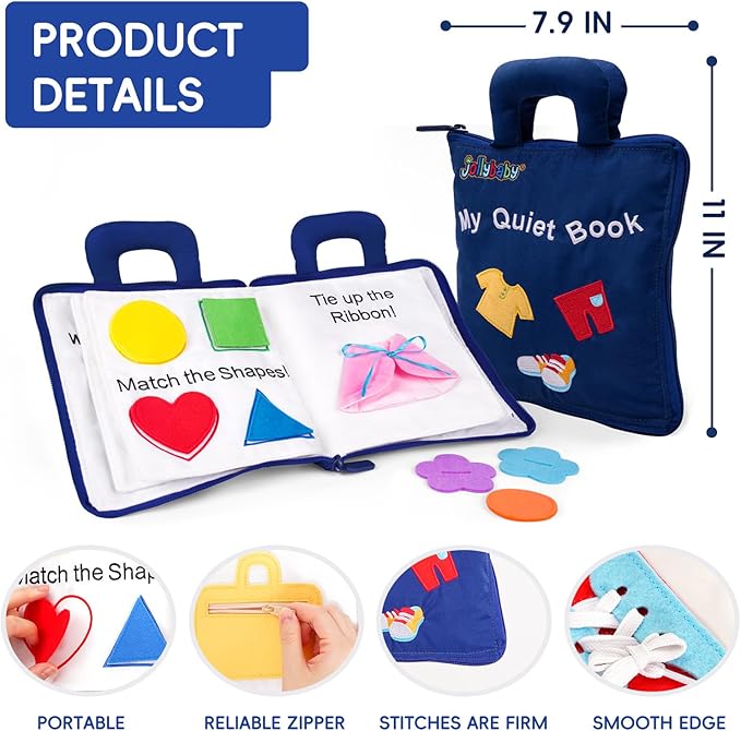 Jollybaby Baby Soft Busy Books -My Quiet Book, Travel Toy & Montessori Sensory Educational, 10 Preschool Learning Activities for 1 2 3 Year Old Toddlers Boy Girl(Blue)