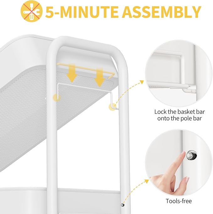 TOOLF 4-Tier Metal Rolling Cart with Wheels, Storage Utility Organizer Cart for Kitchen, Bathroom, Office, Baby Essentials & Makeup - Lockable Casters, Easy Assembly, Large Capacity, White