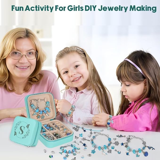 Charm Bracelet Making Kit, Kid Jewelry Making Kit for Girls 8-12, Unicorn Craft Kits for Teen Girls Toys Ages 3-10 Years Old Girl Gifts Trendy Stuff Birthday Christmas Gift with Initial Jewelry Box- S