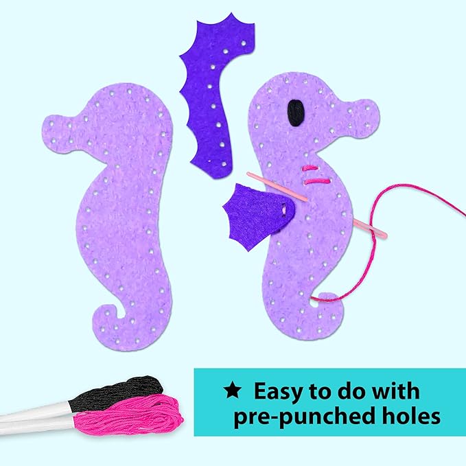 KRAFUN Mermaid Sea Animals Beginner Sewing Kit for Kids Art & Craft kit, Includes 5 Soft Plush Dolls, Instructions & Felt Materials for Learn to Sew, Embroidery Skills, Gift for Girls Educational