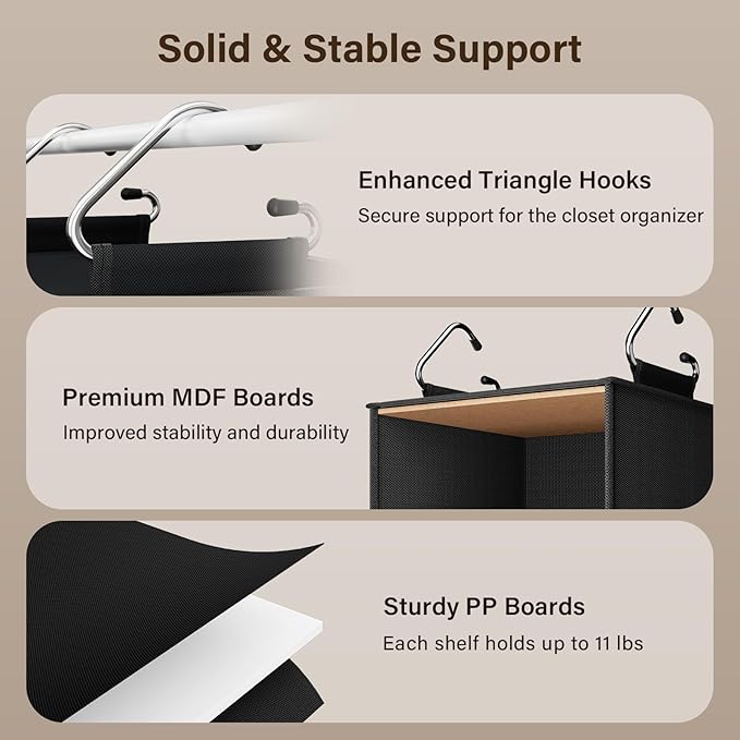 Pipishell 6-Shelf Hanging Closet Organizer with 2 Separable 3-Tier Shelves, 3 Drawers & Side Pockets Closet Organizers and Storage for Wardrobe Organization and Nursery Clothes Organizer, Black