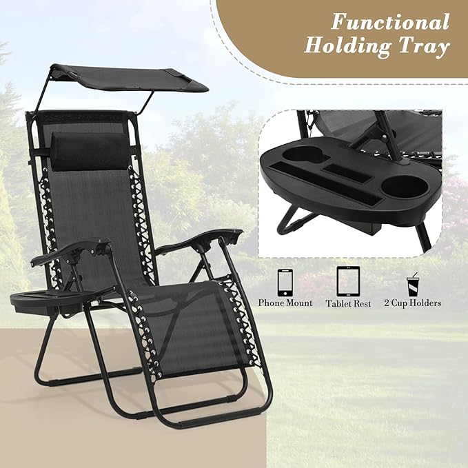 Athena Collection Zero Gravity Outdoor Lounge Chair Set of 2 with Canopy Shade, 25" Width Pool Lounge Lawn Chairs Reclining with Cup Holder, Outdoor Chaise for Beach Patio Outside, Black