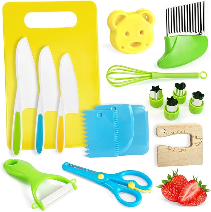 17 Pieces Kids Safe Knife Set for Real Cooking Child-Friendly Plastic Chef Tools Montessori Kitchen Toys for Toddlers with Bright Colors Gifts for Boys and Girls