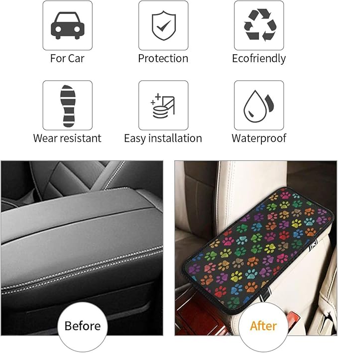 DORKEIXIA Dog Paw Prints Rainbow Colorful Foot Prints Auto Center Console Armrest Pad Universal Car Center Console Cover Seat Box Cover for Sedan, Van, SUV, Truck Car Accessorie