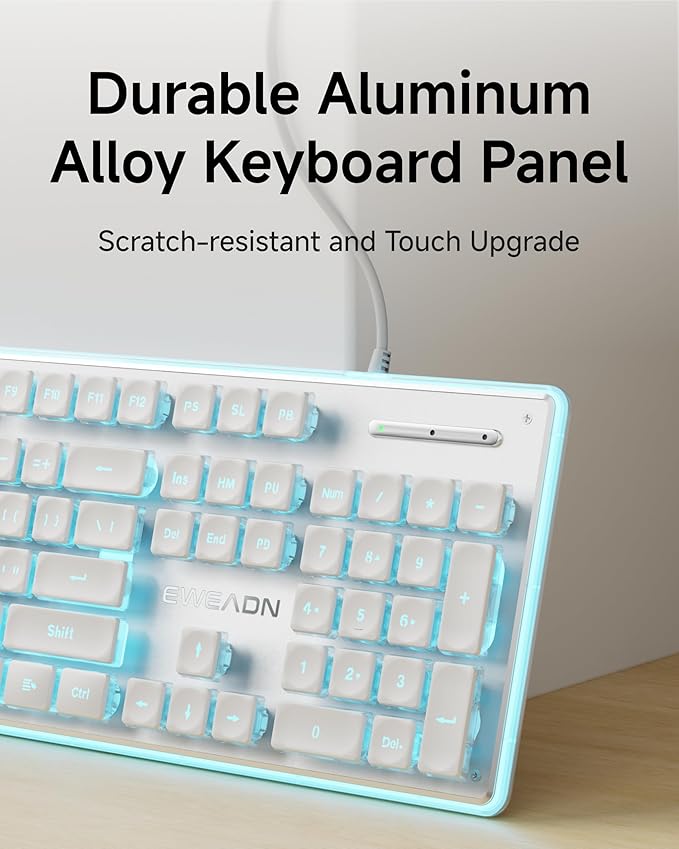 GX710S Backlit Computer Keyboards, Wired USB Keyboard with Blue Backlit, Metal Panel, Plug and Play, Pudding Keycaps Full Size Quite Computer Keyboard for Win/PC/Laptop-White