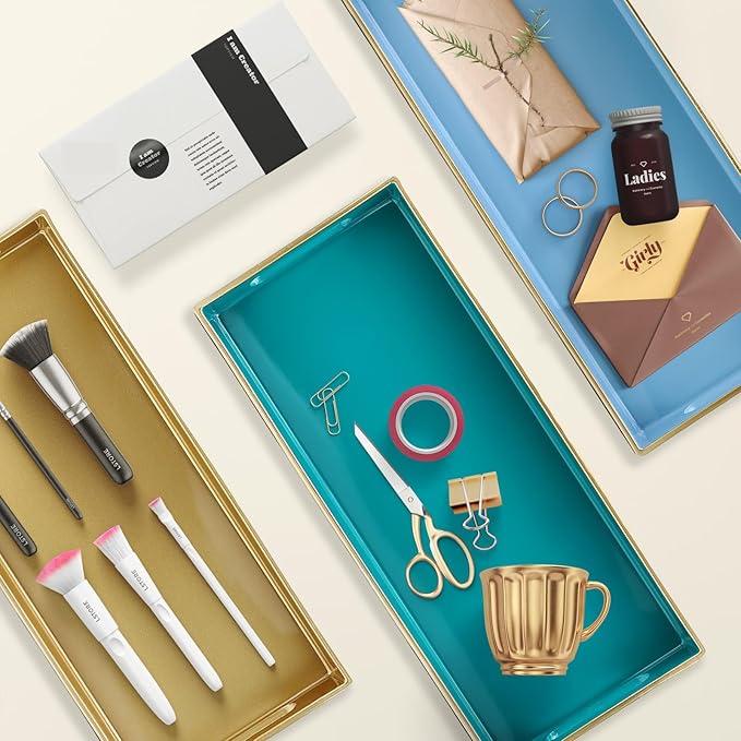 Leemxiiny Plastic Gold Vanity Tray with Handles, Small Decorative Tray Desktop Storage Organizer for Bathroom, Living Room, 13.7"*5.9"*1.37"