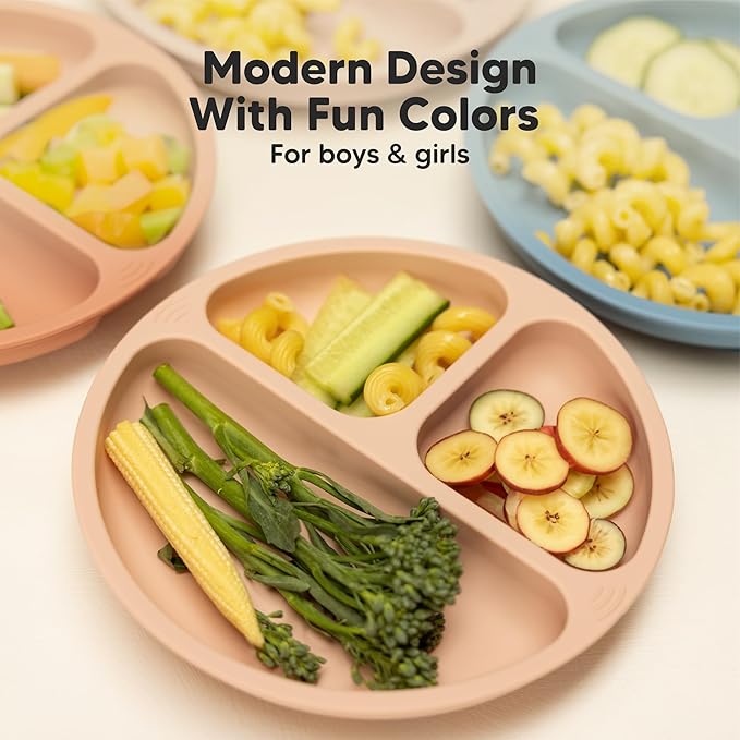 KeaBabies Suction Plates for Baby, Toddler - 3-Pack 100% Silicone Toddler Plates, Divided Baby Plates with Suction, Silicone Plates for Baby, Kids, BPA-Free, Microwave, Dishwasher Safe (Rain)