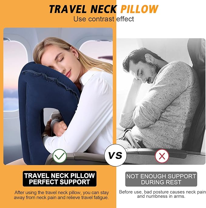 Inflatable Travel Pillow,Multifunction Travel Neck Pillow for Airplane to Avoid Neck and Shoulder Pain,Support Head,Neck,Used for Sleeping Rest, Airplane and Home Use,with Eye Mask, Earplugs,Blue