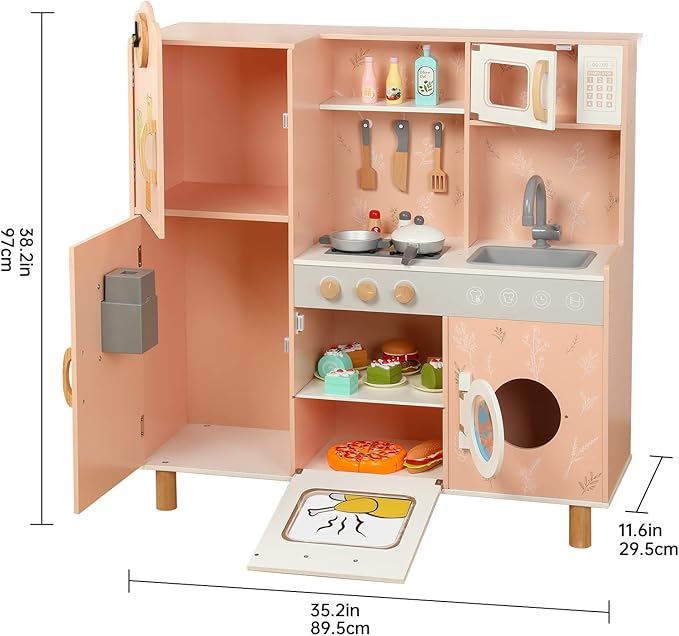 Bruvoalon Wooden Play Kitchen Toy Set for Kids, with Realistic Design, Sink with Faucet, Oven, Microwave, Utensils, Kitchenware Play Food Set Accessories, Birthday Gifts for Toddlers Boys Girls (Pink)