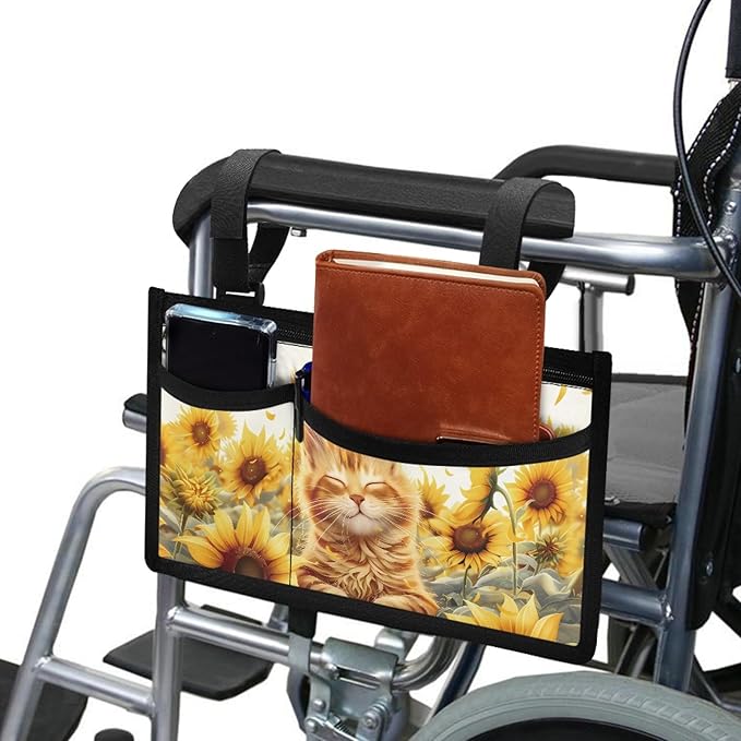 ZOUTAIRONG Sunflower Kitten Wheelchair Bag Side Arm Bag Walker Accessories Armrest Organizer Storage Pouches Walker Bag for Electric Wheel Chair Walkers Adults, Seniors