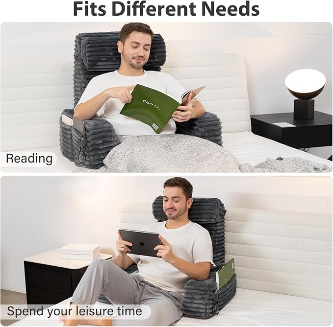 ENITYA Reading Pillow for Sitting in Bed Adult, 24in XXL Back Pillow for Bed Sitting up, Big Pockets & Built-in Arms, Back Support Chair Pillow for Watching TV/Reading/Gaming/Resting/Post Surgery,Grey