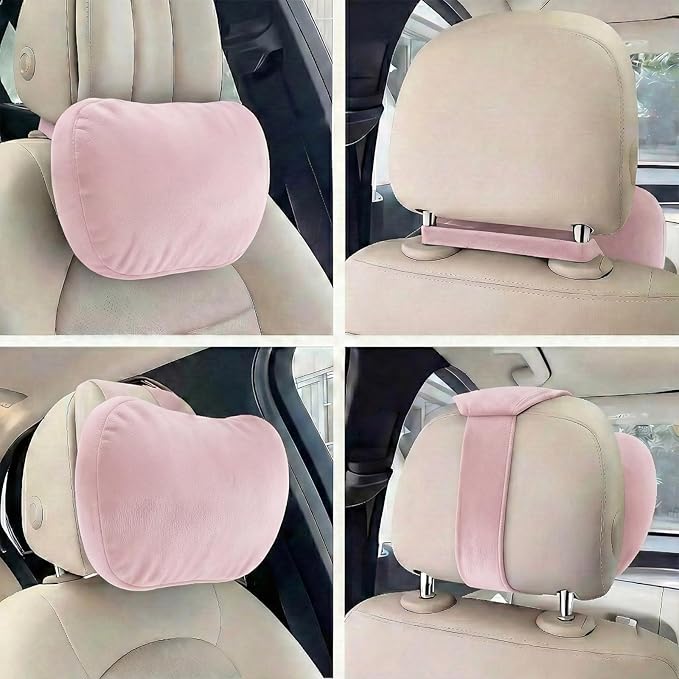 WELBRIT 2PCS Car Pillow for Car Neck Pillow for Driving Seat Lumbar Support Soft Cushion with Extra Filling Accessories Back Support for Travel Nap and Trips Sleeping (Light Pink, Head and Lumbar)