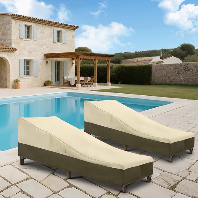 SunPatio Chaise Lounge Cover Outdoor Waterproof, Heavy Duty 2 Pack Patio Lounge Chair Covers, UV & Rip & Fade Resistant, All Weather Protection, 80"L x 32"W x 25"H, Beige & Olive