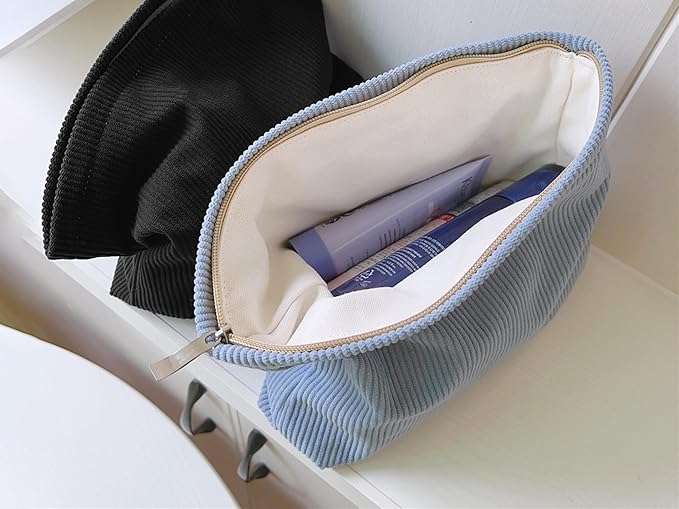HAPPYHEIDI Large Corduroy Makeup Bag with Compartment Cosmetic Toiletry Travel Accessory Pouch Purse Organizer, Soft Misty Blue