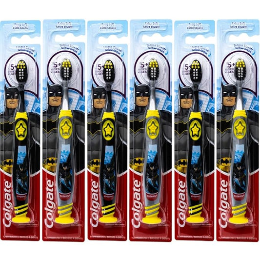 Colgate Batman Toothbrush for Children with Suction Cup, Kids 5+ Years Old, Extra Soft (Colors Vary) - Pack of 6