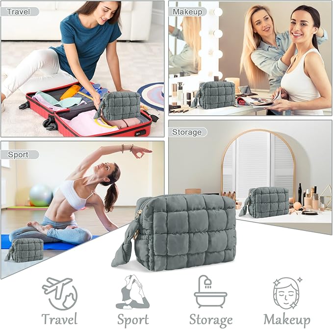 Puffer Quilted Makeup Bag Cosmetic Bags,Puffy Travel Toiletry Pouch for Women,Cute Checkered Zipper Bag Travel Essential,Portable Aesthetic Make up Organizer Bag for Gifts Work Daily(Grey,S)