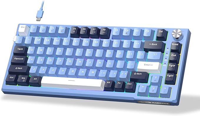 MageGee SKY81 75% Mechanical Gaming Keyboard, Gasket Hot Swappable Wired Custom Creamy Keyboard w/ 5-Layer Sound Padding, Knob Control, RGB Backlit, NKRO for Win/Mac (Prussian Blue, Blue Whale Switch)